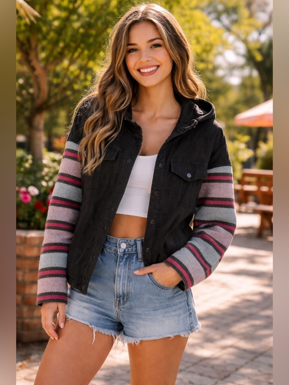 Free People Hooded Jacket Small Mixed Media Knit Sleeve Boho Black 25233